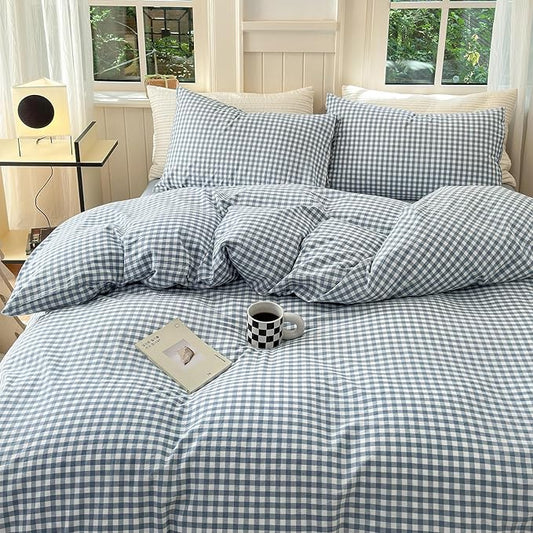 Blue Gingham Duvet Cover Queen 100% Washed Cotton Blue White Plaid Duvet Cover Reversible 3 Pieces Buffalo Grid Comforter Cover with 2 Pillowcases Luxury Soft Gingham Plaid Bedding Set Breathable