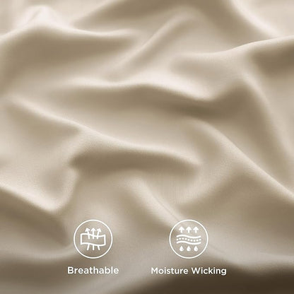 Bedsure Queen Sheet Set, Rayon Derived from Bamboo, Cooling Sheets, Deep Pocket Up to 16", PureWoven, Breathable & Soft, Hotel Luxury Silky Bedding for Hot Sleepers, Beige