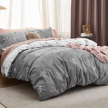 Bedsure Duvet Cover Twin Dorm Bedding - Reversible Floral Duvet Cover Set with Zipper Closure, 2 Pieces Grey Bedding Set with 8 Corner Ties and 1 Pillowcase 20"x26"
