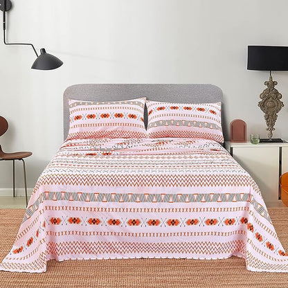 JSD Geometric Printed Sheet Set Queen, 4 Piece Soft Orange Pattern Microfiber Sheets Extra Deep Pocket