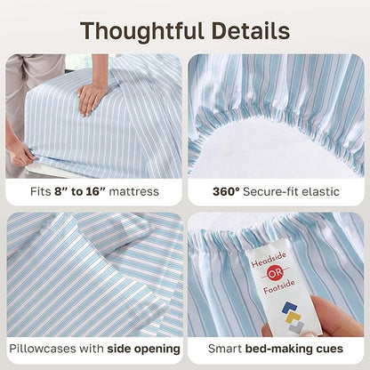 California Design Den Full Size Bed Sheets Set - 400 Thread Count Sateen, Natural 100% Cotton Sheets, Deep Pocket and Durable Bedding Set - Cape Stripe