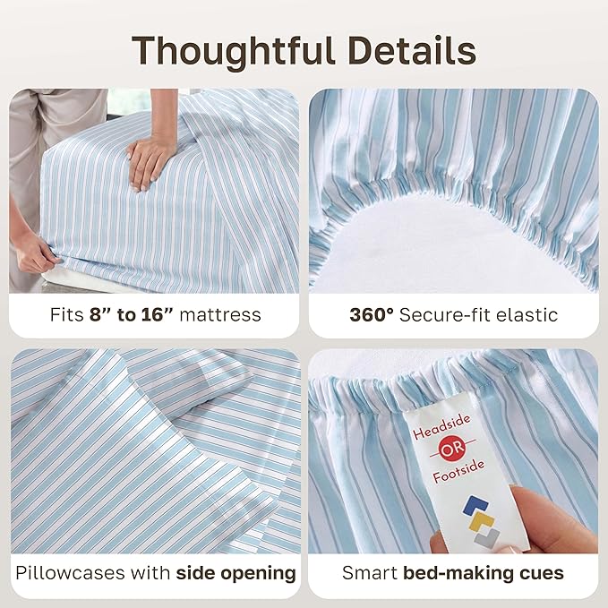 California Design Den Queen Sheet Set - 400 Thread Count Sateen, Natural 100% Cotton Bed Sheets Queen Size, Deep Pocket and Durable Bedding - Cape Stripe