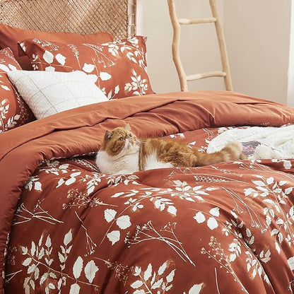 Bedsure Queen Comforter Set - 7 Pieces Floral Terracotta Soft Bedding Sets, Queen Bed in a Bag with Botanical Flowers Comforter, Sheets, Pillowcases & Shams