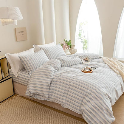 ECOCOTT Striped Duvet Cover King Size -100% Washed Cotton Linen Like Textured Breathable Durable Soft Comfy Bedding Set with Zipper Closure & Corner Ties
