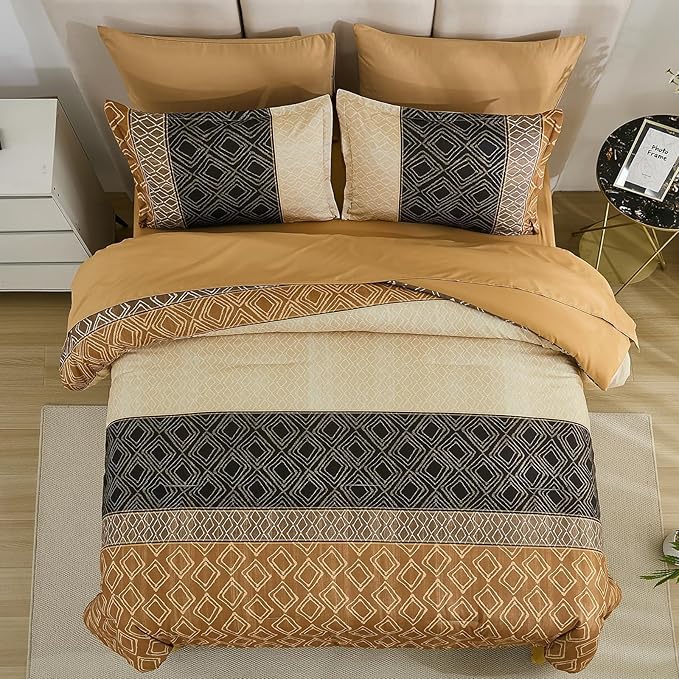 Dinjoy Brown King Size Comforter Set,Striped Bed in a Bag King 7 Pieces Soft Boho Bedding Comforters Sets Microfiber Bed Complete Set with Sheets for Fall Winter