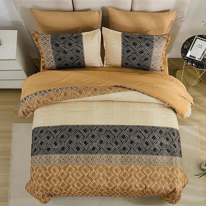Dinjoy Full Size Comforter Sets Boho,Brown Striped Fall Bedding Set Soft 7 Piece Bed in a Bag Fall Comforters with Sheet Set,Microfiber Complete Sets with Plaid Bohemian for All Season