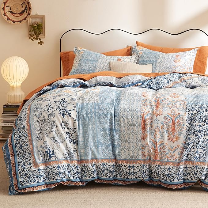Bedsure Duvet Cover King Size - 100% Cotton Reversible Floral King Duvet Cover Set with Zipper Closure, 3 Pieces Soft & Breathable PureWoven Bohemian Blue Bedding Set with 2 Pillow Shams 20"x36"