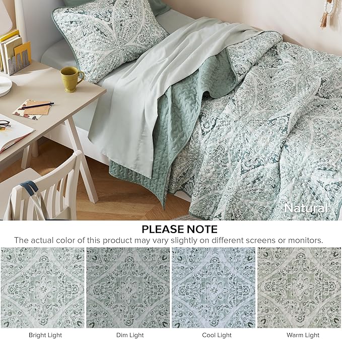 Comfort Spaces Boho Quilt Set Twin Reversible Vermicelli Quilting Twin Size Bed, All Season, Lightweight, Coverlet Winter Layer Bedding, Shams, Gloria, Twin/Twin XL Green 2 Piece