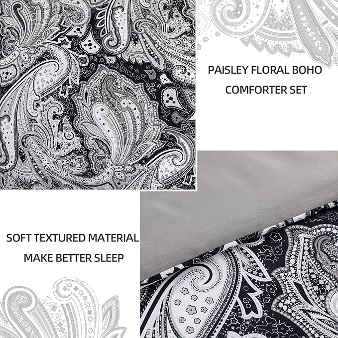 DJY Black Paisley Comforter Set King Size, 7 Piece Bed in a Bag Black Gray Boho Paisley Pattern Comforter Set, Soft Lightweight Microfiber Reversible Bedding Set for All Season (104''x90'')