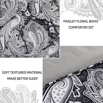 DJY Black Paisley Comforter Set Queen Size, 7 Piece Bed in a Bag Black Gray Boho Paisley Pattern Comforter Set, Soft Lightweight Microfiber Reversible Bedding Set for All Season (90''x90'')