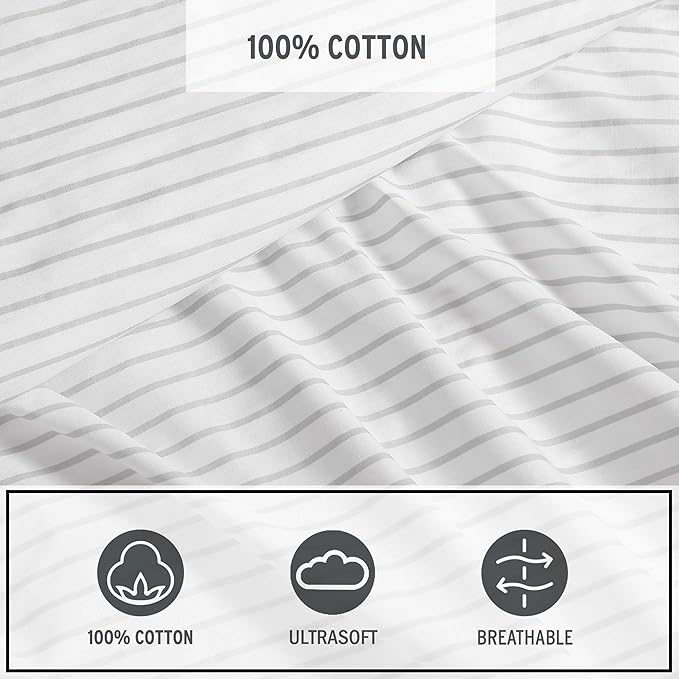 Eddie Bauer - Sheet Set, Luxurious Cotton Percale Bedding with Matching Pillowcase, Crisp & Cool, Fully Elasticized (Arden Stripe Grey, Twin)