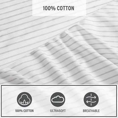 Eddie Bauer - Sheet Set, Luxurious Cotton Percale Bedding with Matching Pillowcases, Crisp & Cool, Fully Elasticized (Arden Stripe Grey, King)