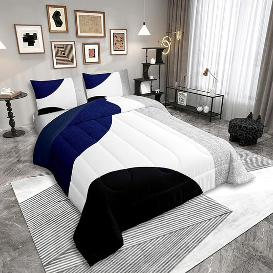 Erosebridal Navy Blue Abstract Comforter Set Toddler,Black and White Boho Geometric Circle Bedding for Minimalist,Striped Lines Modern Art Quilt,Watercolor Creative Artwork Bedding Comforter Sets