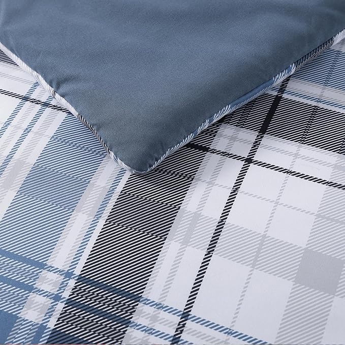 MaiRêve Queen Size Plaid Comforter Set Lake Blue, Classic 7 Pieces Farmhouse Bedding Set, All Season Lightweight Bed in A Bag with Sheets, Pillowcases & Shams