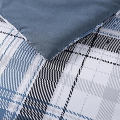 MaiRêve Queen Size Plaid Comforter Set Lake Blue, Classic 7 Pieces Farmhouse Bedding Set, All Season Lightweight Bed in A Bag with Sheets, Pillowcases & Shams