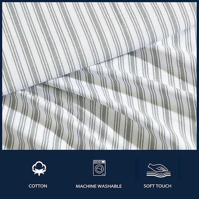 Nautica - Queen Bed Sheets, Lightweight Cotton Percale Bedding Set with Matching Pillowcases, Crisp & Cool, Oeko-Tex Certified (Coleridge Stripe Green)
