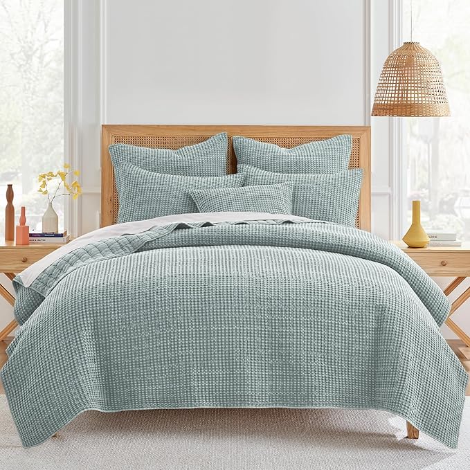 Levtex Home Mills Waffle King/Cal King Quilt Set (106x92in) with 2 Pillow Shams (36x20in) - Spa - Cotton Waffle King Size Quilt Bedding Set - Lightweight, Soft, Pre-Washed