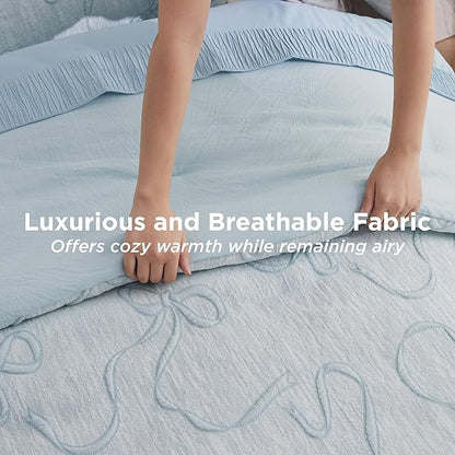 Bedsure Dusty Blue King Size Comforter Set, GentleSoft™ 3 Pieces Breathable Bow Comforter Set Women with 2 Pillow Shams, Cute King Bedding Set Room Decor Aesthetic Bedroom Decor, 104x90 Inches