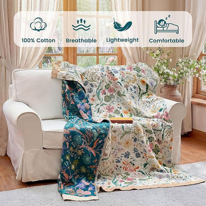 MSGKV The Boho Layer: 60"x80" Cotton Throw Blanket – Full Size for Couch Snuggles, Twin Bed Topper | Lightweight & Breathable Reversible Maximalist Colorful Floral, Decorative Accent