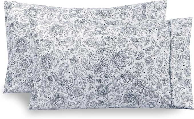 Elegant Comfort Ultra Soft Set of 2 Floral Print Pillowcases - 1500 Premium Hotel Quality Microfiber, Soft and Smooth Envelope Closure 2-Piece Pillow Covers - Standard/Queen, Paisley Navy