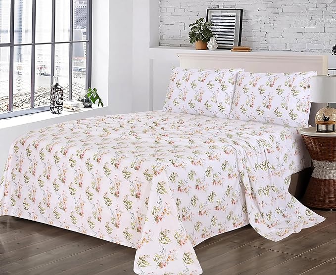 RUVANTI 100% Cotton Sheets – Full Size Percale Bedding, Cooling & Breathable Floral Design, Durable with a Crisp, Soft & Comfortable Feel, 16" Deep Pocket, 4-Piece Set, Floral Bliss