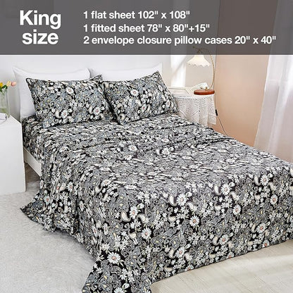 JSD Black Paisley Floral Printed Sheet Set King Size, 4 Piece Soft Pattern Microfiber Sheets Extra Deep Pocket