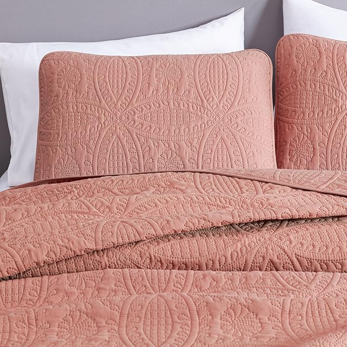 Chezmoi Collection Austin 3-piece Oversized Bedspread Coverlet Set (Queen, Salmon) | Oversized, Lightweight, Fade Resistant