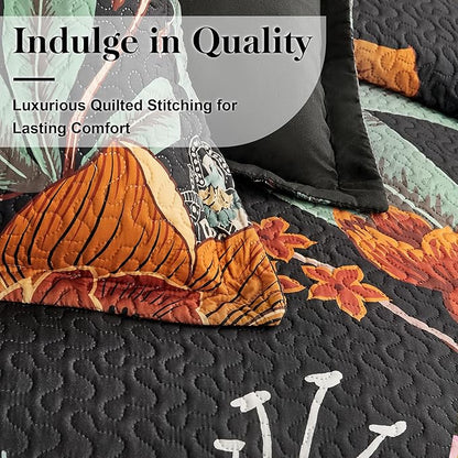 3 Piece Black Boho Floral King Size Quilt Sets Reversible Farmhouse Botanical Lightweight Bedspread Coverlet with 2 Shams Butterfly Microfiber Bedding Quilts Set for All Season, 106''x96''