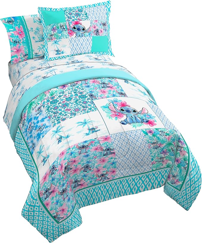 Jay Franco Kids Comforter Set Includes Sheets and Pillow Covers - Soft and Cozy Bed Set for Stylish Room Decor, Multi - Lilo and Stitch 02, 5 Piece Twin Bedding