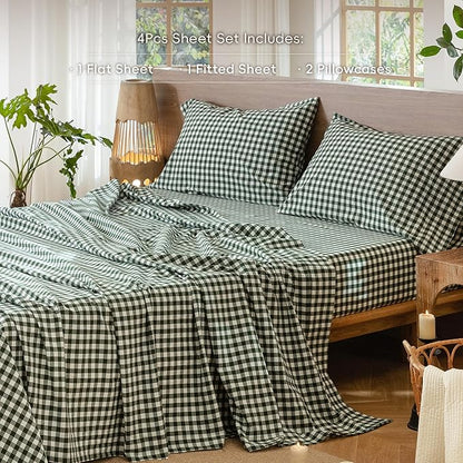 MooMee Gingham Sheet Set 100% Washed Cotton Linen Like Textured Breathable Soft w/Fully Elasticized 16-19" Deep Pocket (Classic Gingham Forest Green, King)