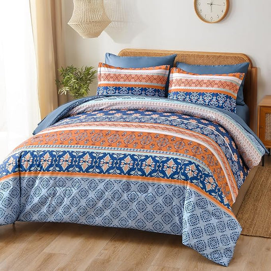 WONGS BEDDING Boho Comforter Set Queen, Blue and Orange Bedding Set 7 Pieces Bed in a Bag Bohemian Striped Bedding Comforter Sets Soft Microfiber Comfortet and Sheet Set for All Season