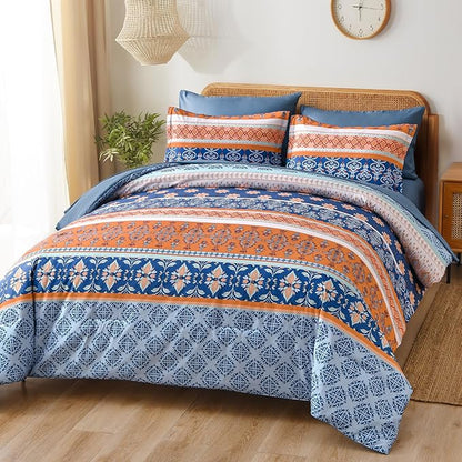 WONGS BEDDING Boho Comforter Set Full, Blue and Orange Bedding Set 7 Pieces Bed in a Bag Bohemian Striped Bedding Comforter Sets Soft Microfiber Comfortet and Sheet Set for All Season