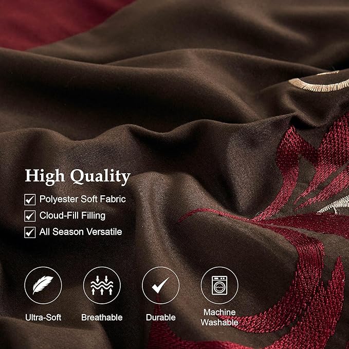 Chezmoi Collection Napa 7-Piece Luxury Leaves Scroll Embroidery Bedding Comforter Set (California King, Burgundy/Taupe/Brown)