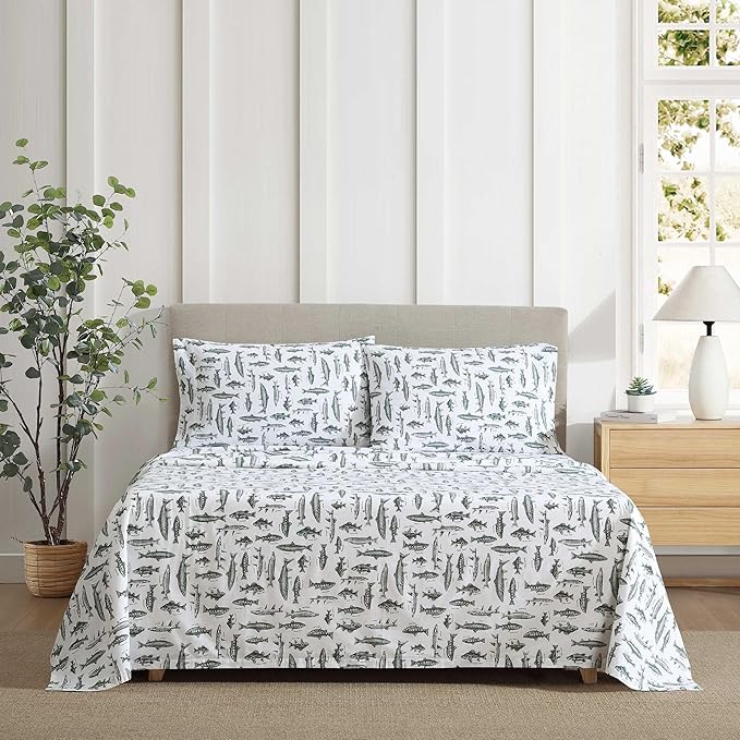 Eddie Bauer - Sheet Set, Cotton Percale Bedding with Matching Pillowcases, Crisp & Breathable, 200-Thread Count, Classic Comfort Essentials (Wes Fish Green, Queen)