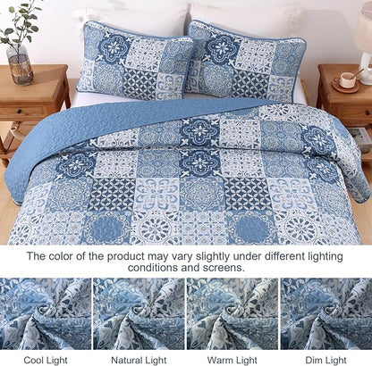 Dobuyly Blue Quilt Set Queen Size, Boho Mineral Blue Plaid Patchwork Bedspreads Coverlet Set, 3 Pieces Soft Lightweight Microfiber Quilt Bedding Set for All Seasons 96"x90"