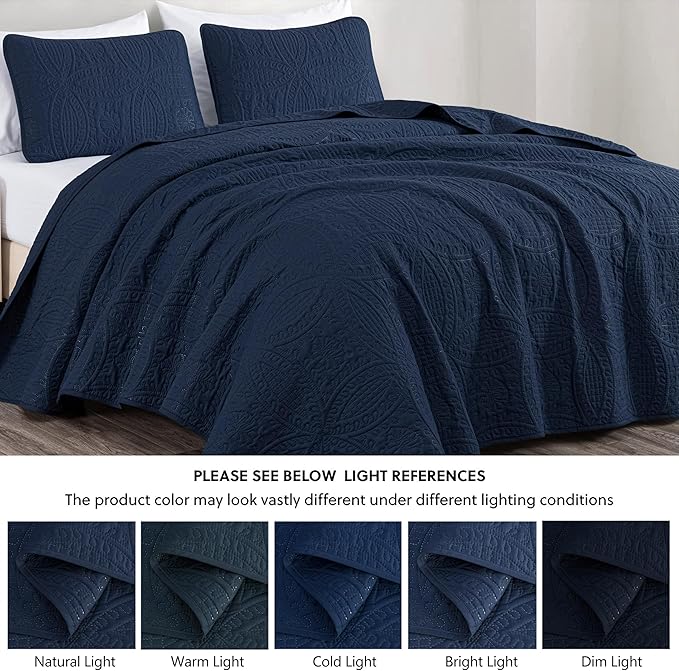 Chezmoi Collection Austin 3-piece Oversized Bedspread Coverlet Set (King, Navy) | Oversized, Lightweight, Fade Resistant
