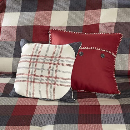 Madison Park Ridge Comforter Set - Cabin Lodge Plaid Herringbone Design, All Season Down Alternative Cozy Bedding with Matching Bedskirt, Shams, Decorative Pillow, Red Queen(90"x90") 7 Piece