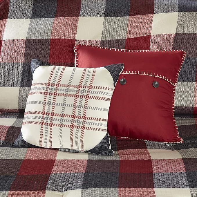 Madison Park Ridge Comforter Set - Cabin Lodge Plaid Herringbone Design, All Season Down Alternative Cozy Bedding with Matching Bedskirt, Shams, Decorative Pillow, Red Cal King(104"x92") 7 Piece