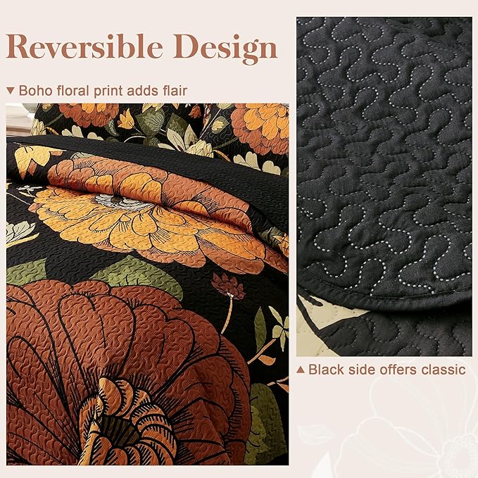3 Piece Black Boho Floral King Size Quilt Sets Reversible Farmhouse Botanical Lightweight Bedspread Coverlet with 2 Shams Mid Century Microfiber Bedding Quilts Set for All Season,106''x96''