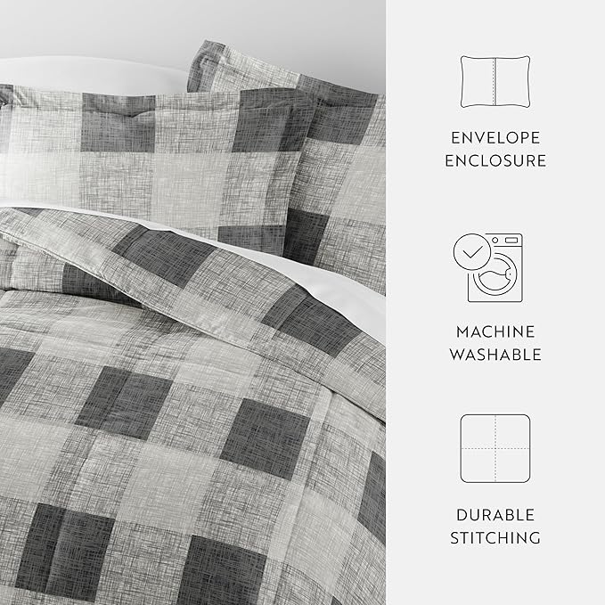 LINENS & HUTCH Comforter Set Patterned Microfiber All Season Down-Alternative Ultra Soft Bedding in Gingham - Twin/TwinXL Gingham Gray