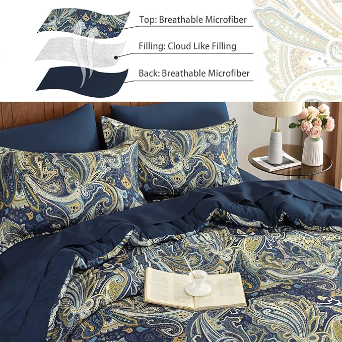 DJY Paisley Comforter Set Queen Size Navy Gold Boho Bed in a Bag 7 Piece, Soft Microfiber Vintage Paisley Floral Pattern Complete Bedding Set for All Season (90''x90)