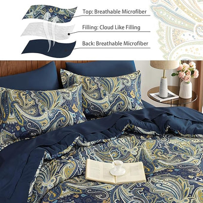 DJY Paisley Comforter Set Queen Size Navy Gold Boho Bed in a Bag 7 Piece, Soft Microfiber Vintage Paisley Floral Pattern Complete Bedding Set for All Season (90''x90)