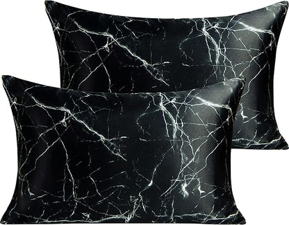NTBAY 2 Pack Satin Queen Pillowcases for Hair and Skin, Luxurious and Silky Marbling Printed Pillow Cases with Envelope Closure, 20x30 Inches, Black