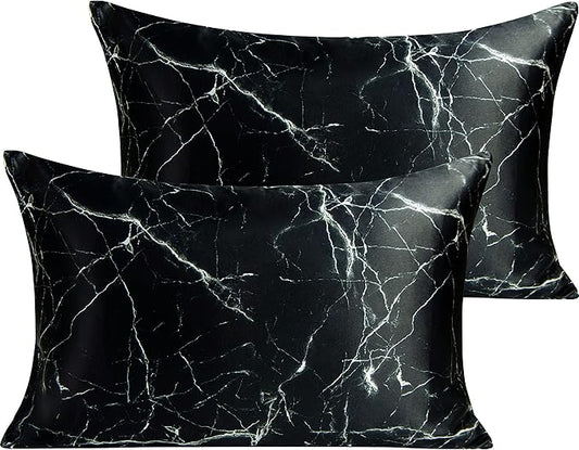 NTBAY 2 Pack Satin Queen Pillowcases for Hair and Skin, Luxurious and Silky Marbling Printed Pillow Cases with Envelope Closure, 20x30 Inches, Black