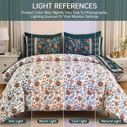 Dinjoy Comforter Set King Size Boho, Reversible Dark Green Bedding Paisley Floral 7 Piece Bed in a Bag Soft Lightweight Bohemain Comforters with Sheet Sets for All Season