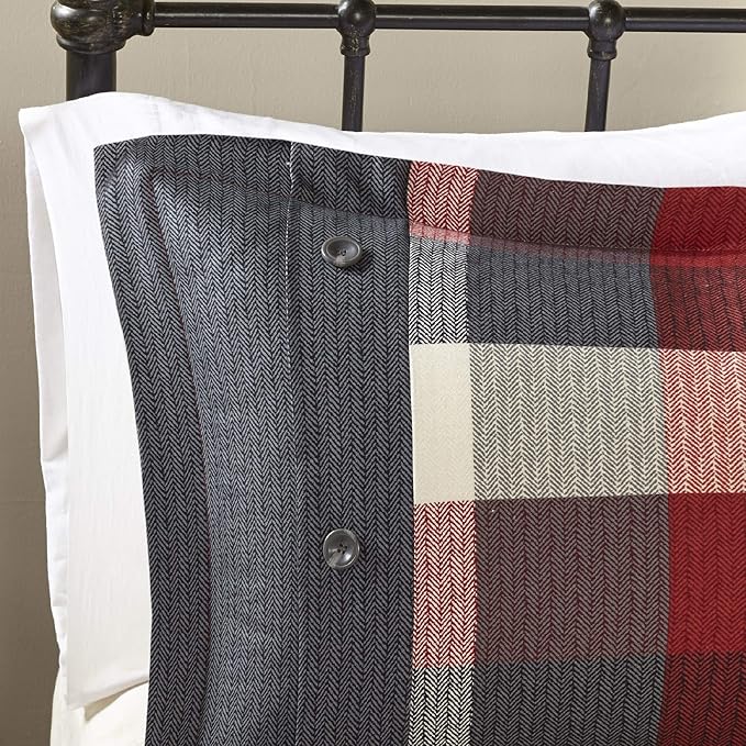 Madison Park Ridge Comforter Set - Cabin Lodge Plaid Herringbone Design, All Season Down Alternative Cozy Bedding with Matching Bedskirt, Shams, Decorative Pillow, Red Queen(90"x90") 7 Piece