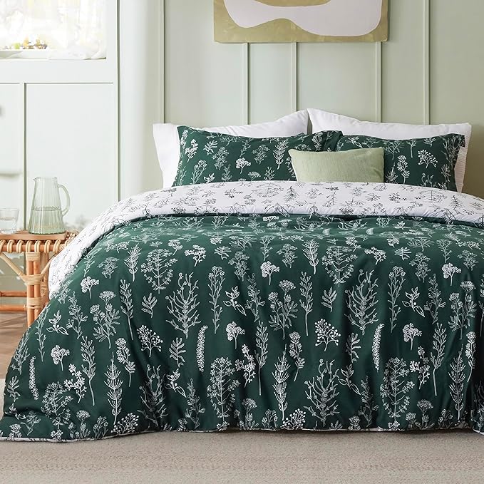 Bedsure Duvet Cover Queen Size - Reversible Emerald Green Queen Duvet Cover Set with Zipper Closure, 3 Pieces Floral Patterned Bedding Set with 8 Corner Ties and 2 Pillow Shams