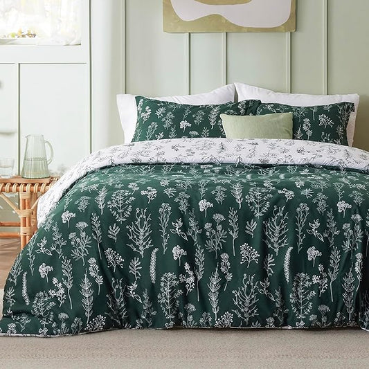 Bedsure Duvet Cover Queen Size - Reversible Emerald Green Queen Duvet Cover Set with Zipper Closure, 3 Pieces Floral Patterned Bedding Set with 8 Corner Ties and 2 Pillow Shams