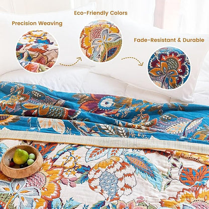 MSGKV Boho Throw Blanket 90"x108" Floral Cotton Blanket for Bed Spring Breathable Lightweight Farmhouse King Blankets Home Decor Muslin All Seasons