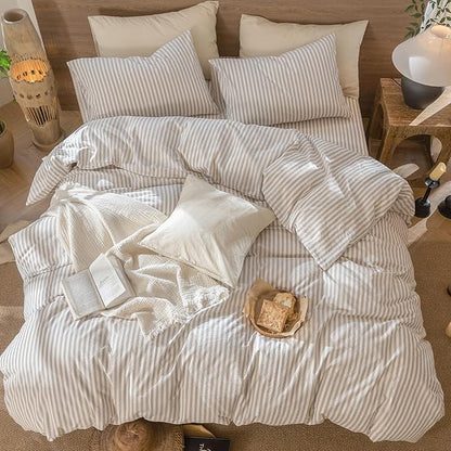 MooMee Striped Duvet Cover Set 100% Washed Cotton Linen Like Textured Breathable Durable Soft Comfy (Tannish Linen Grey White Classic Stripes, Palatial King/Oversized King 120"x98")